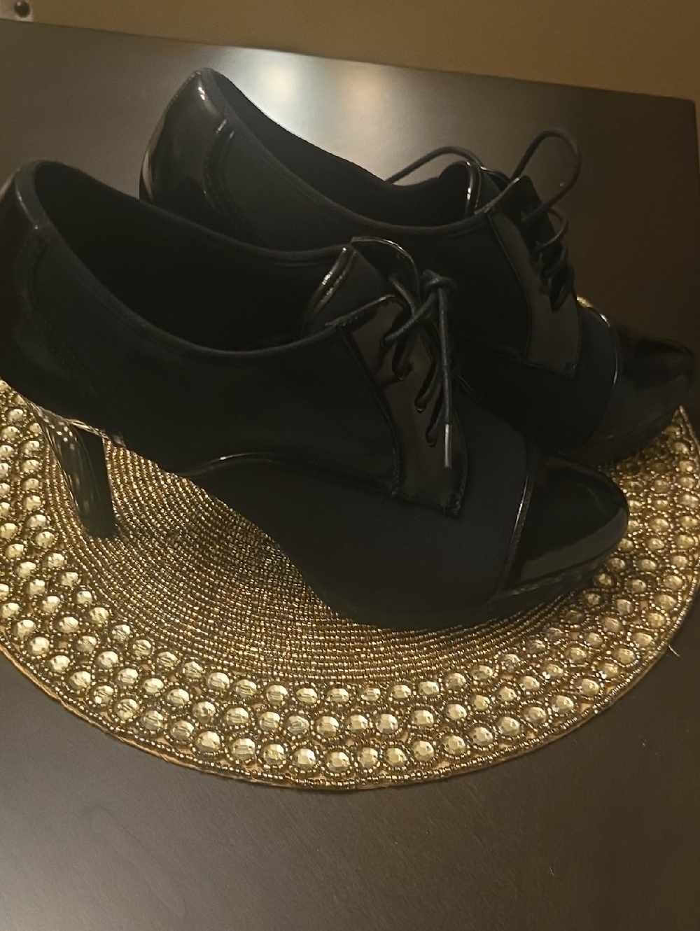 Impo Black Lace-Up Peep-Toe Heels